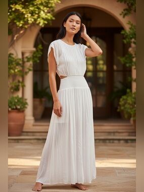 Zara White Maxi Dress with Smocked Waist and Cutouts
